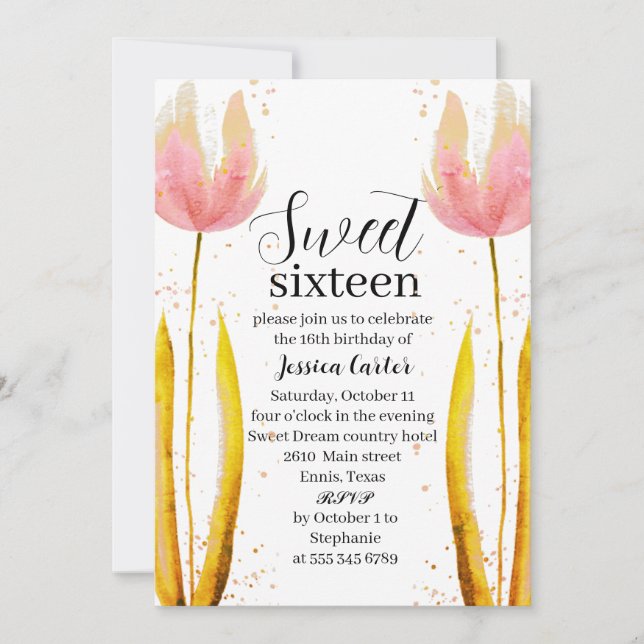 Aquarellfarben Rosa Tulips Bläsersüß 16 Sechzehn Einladung (Vorderseite)