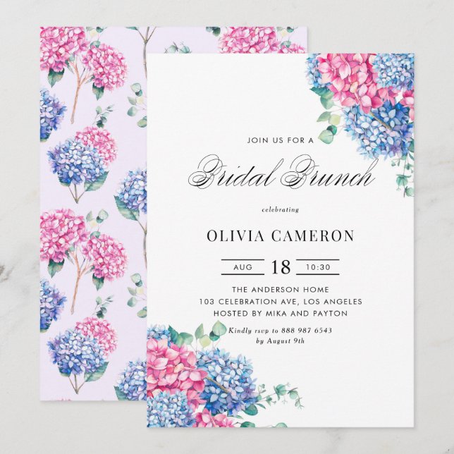 Aquarellfarben Rosa und Blau-Hydrangeas Bridal Bru Einladung (Vorne/Hinten)