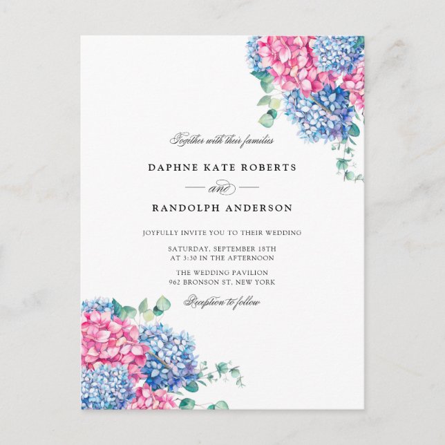 Aquarellfarben Rosa und blaue Hydrangeas Hochzeits Einladungspostkarte (Vorderseite)