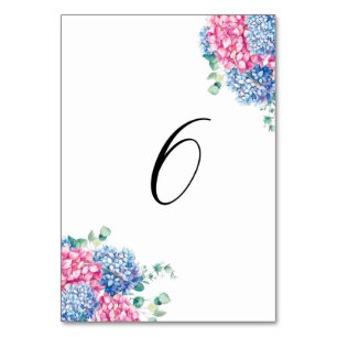 Aquarellfarben Rosa und Blaue Hydrangeas Tabelle 6 Tischnummer