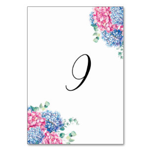 Aquarellfarben Rosa und Blaue Hydrangeas Tabelle 9 Tischnummer
