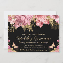 Aquarellfarben Rosa und Gold Blume Quinceanera Einladung