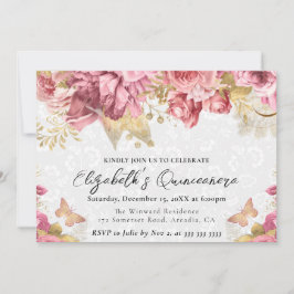 Aquarellfarben Rosa und Gold Blume Quinceanera Einladung