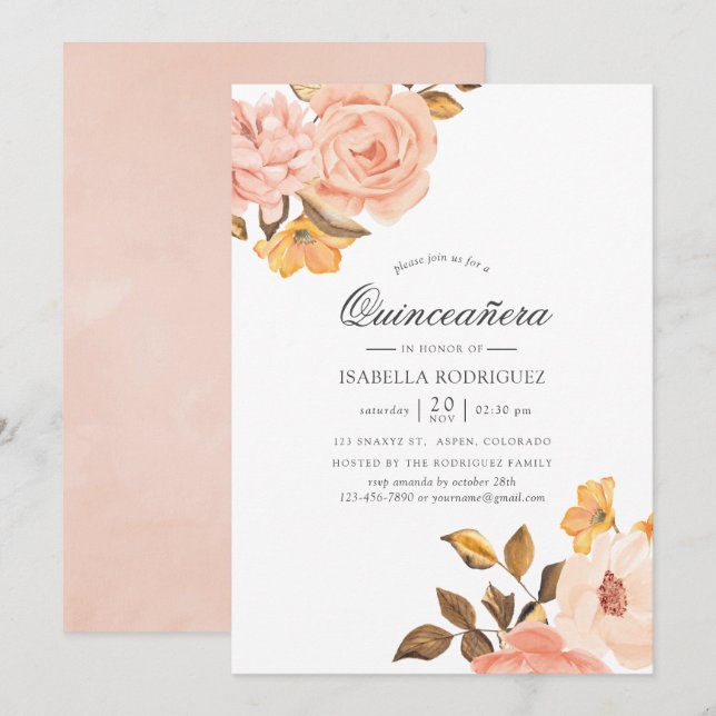 Aquarellfarben Rosa und Gold Floral Quinceñera Einladung (Vorne/Hinten)