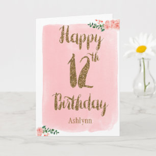 Aquarellfarben Rosa und Gold Glitzer 12. Geburtsta Karte