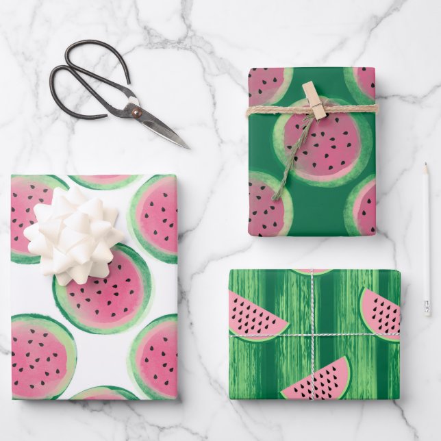 Aquarellfarben Rosa und Grüne Wassermelonen Geschenkpapier Set (Vorderseite)