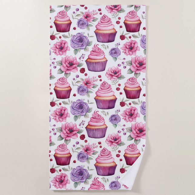 Aquarellfarben, rosa und Lila Cupcakes und Blume Strandtuch (Vorderseite)