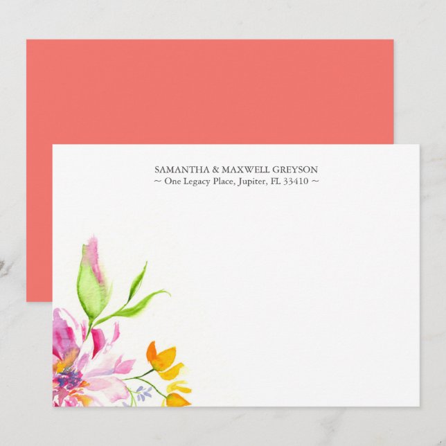 Aquarellfarben Rosa und Orangefarbene Blüte Danke Mitteilungskarte (Vorne/Hinten)