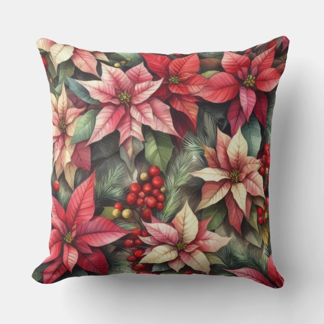 Aquarellfarben Rosa und Rote Poinsettia Kissen (Vorderseite)