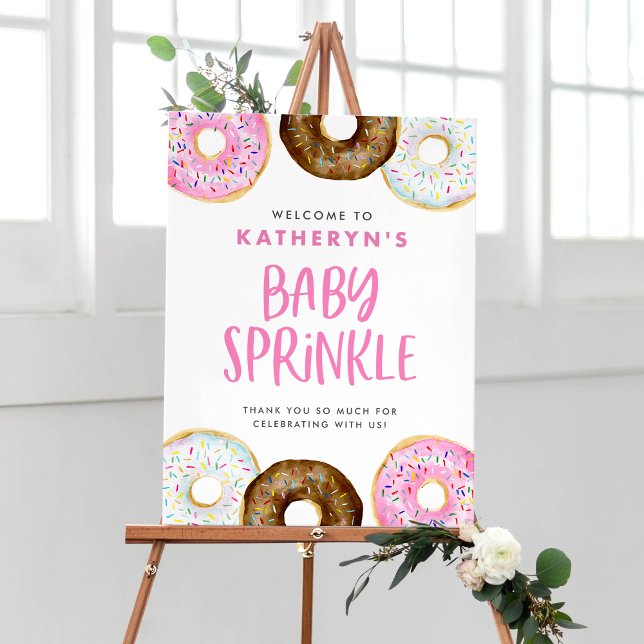 Aquarellfarben Rosa und Schokolade Donuts Baby Spr Poster (Watercolor Pink Sprinkle Donut Baby Sprinkle Welcome Sign – Customizable Baby Shower Decor)
