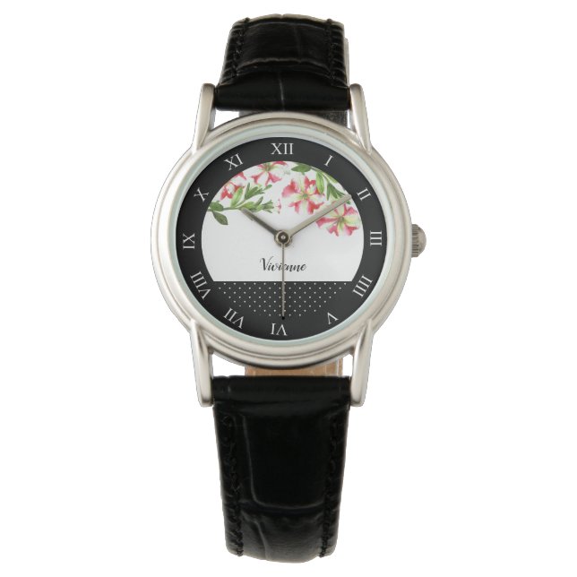 Aquarellfarben Rosa und Weiße Petunias Polka Dot R Armbanduhr (Vorderseite)