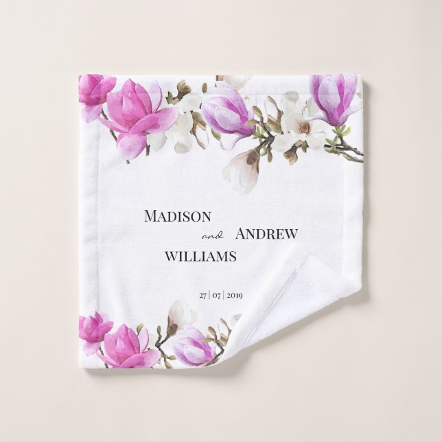 Aquarellfarben Rosa und Weißes Magnolienblühen Badhandtuch Set (Waschlappen)