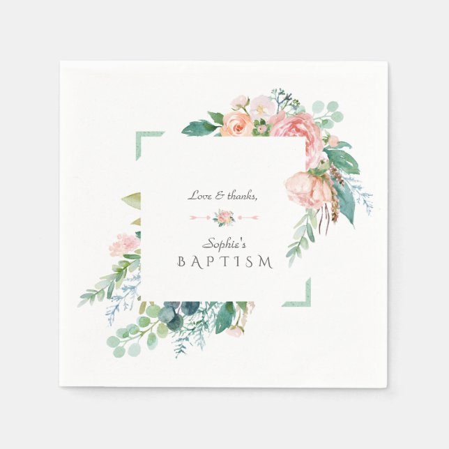 Aquarellfarben Rosa Weiße Blume Grüne Rahmen Hochz Serviette (Vorderseite)