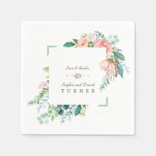 Aquarellfarben Rosa Weiße Blume Grüne Rahmen Hochz Serviette