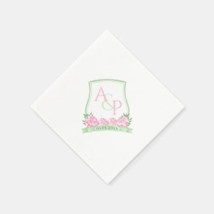 Aquarellfarben Rosa Weiße Grüne Blumenpaare Wappen Serviette