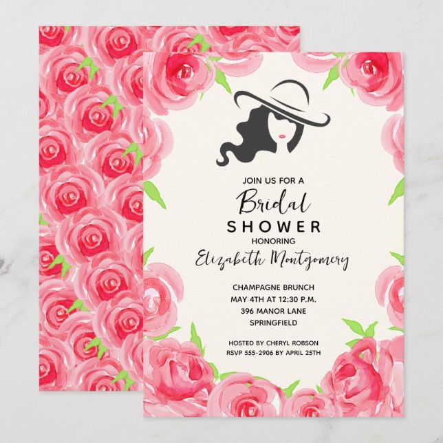 Aquarellfarben Rose Big Hat Brautparty Einladung (Vorne/Hinten)