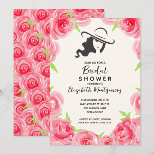 Aquarellfarben Rose Big Hat Brautparty Einladung