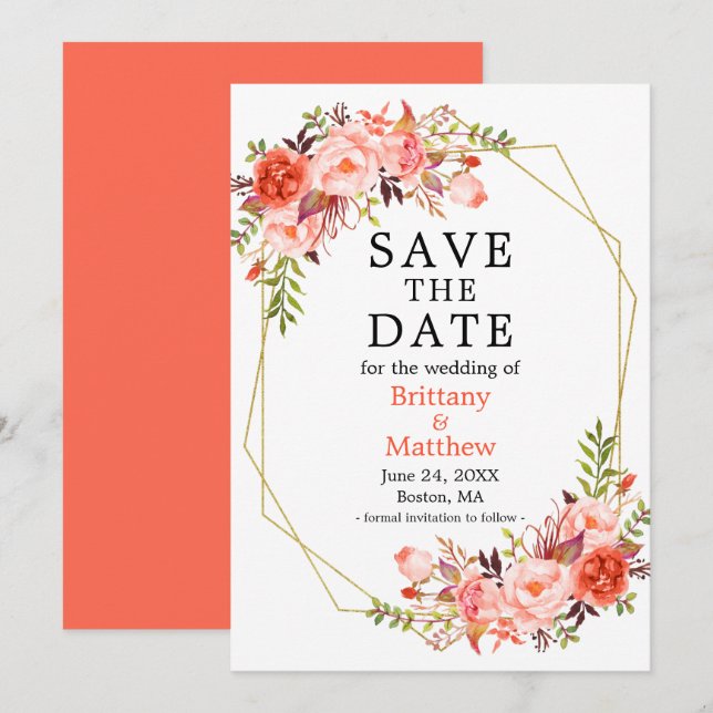 Aquarellfarben Rose Floral Gold Geo Rahmen Save The Date (Vorne/Hinten)