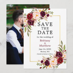 Aquarellfarben Rose Gold Frame Foto Burgund Save The Date
