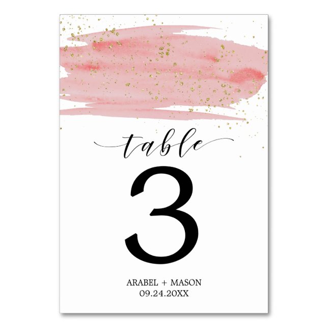 Aquarellfarben Rose & Gold Wedding Tischnummer (Vorderseite)
