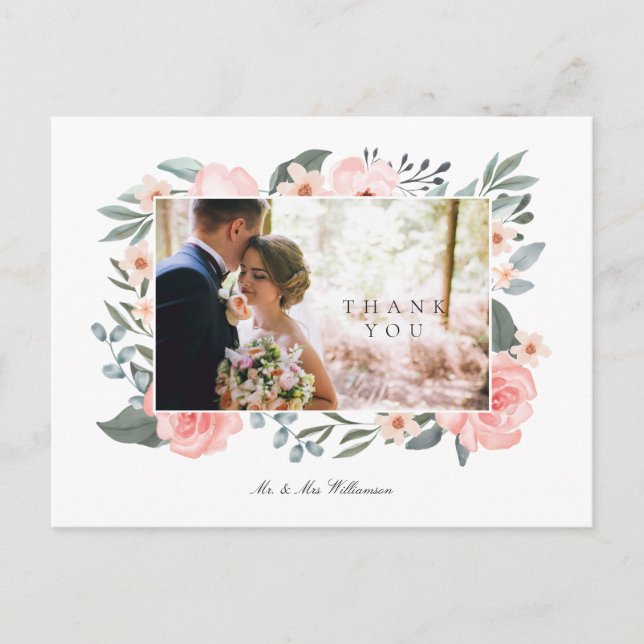 Aquarellfarben Rose & Grüne Hochzeit Vielen Dank Postkarte (Vorderseite)