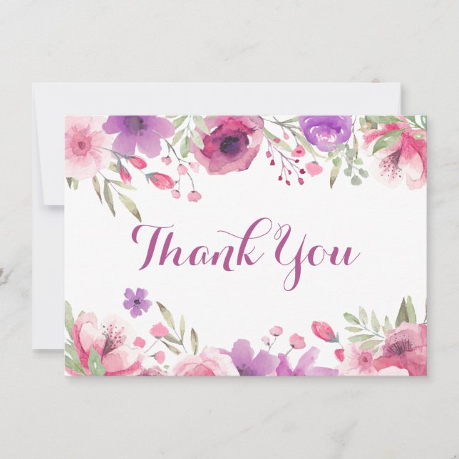 Aquarellfarben Rose Grünschrift Vielen Dank Dankeskarte (Vorderseite)