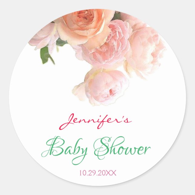 Aquarellfarben Rose Handschrift Baby-Duschvorlage Runder Aufkleber (Vorderseite)