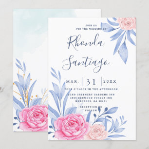Aquarellfarben Rose Rosa wolkige blaue Blätter Hoc Einladung