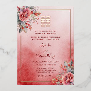 Aquarellfarben Rose Rose Chinesische Hochzeit Folieneinladung