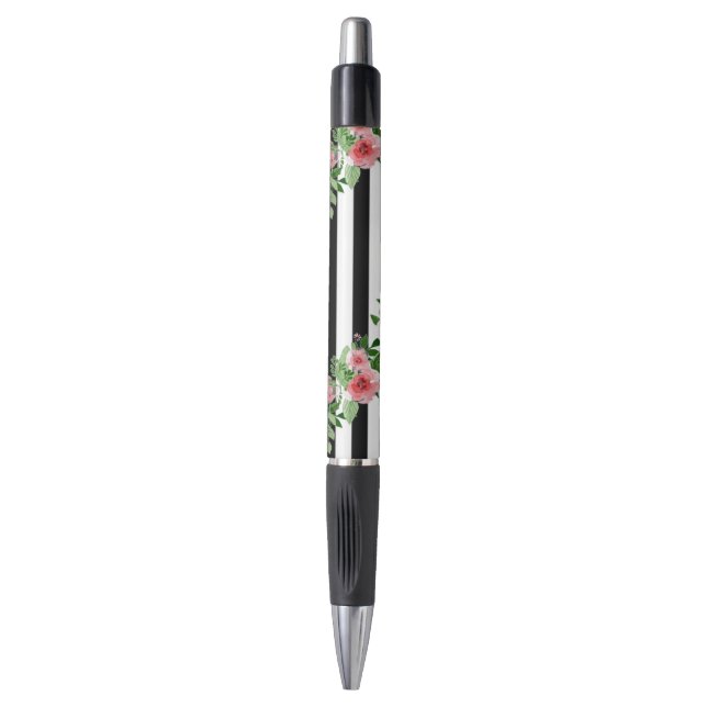 Aquarellfarben Rose Schwarz-Weiß Streifen PenSie w Kugelschreiber (Vorderseite Vertikal)