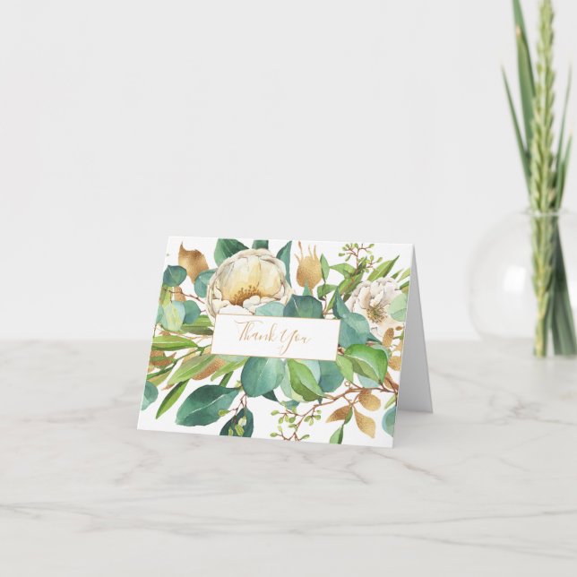Aquarellfarben-Rose und Eukalyptus-Merkkarte Dankeskarte (Vorderseite)
