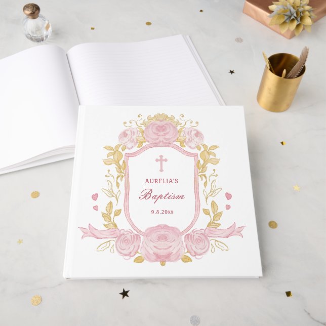Aquarellfarben Rose Wappen Taufe Gästebuch (Vorderseite offen)