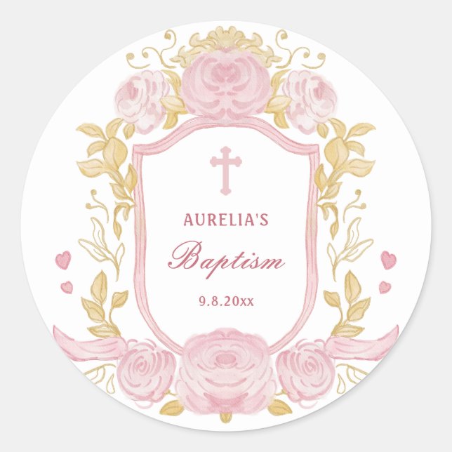 Aquarellfarben Rose Wappen Taufe Große Aufkleber (Vorderseite)