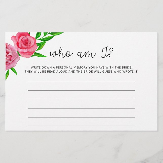 Aquarellfarben-Rose Wer bin ich Brautparty Briefpapier (Vorderseite)