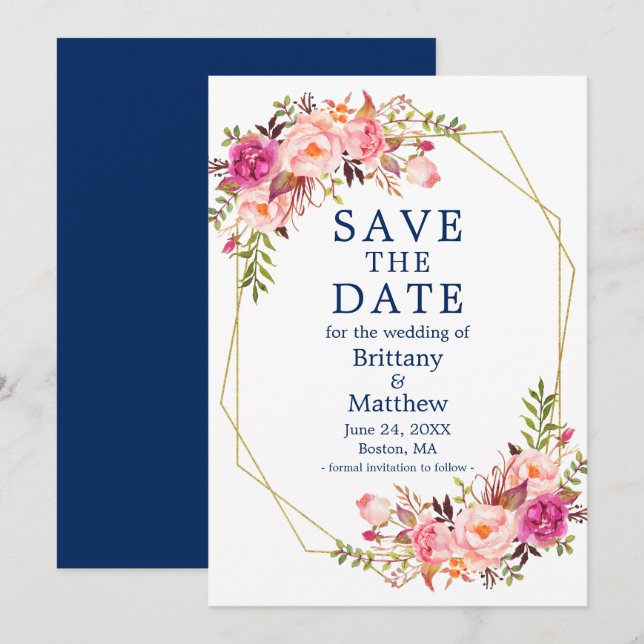 Aquarellfarben Rosen Geo Frame Navy Blau Save The Date (Vorne/Hinten)