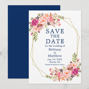 Aquarellfarben Rosen Geo Frame Navy Blau Save The Date