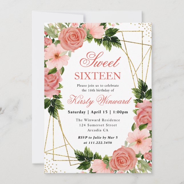 Aquarellfarben Rosen Gold Rahmen Sweet 16 Einladung (Vorderseite)