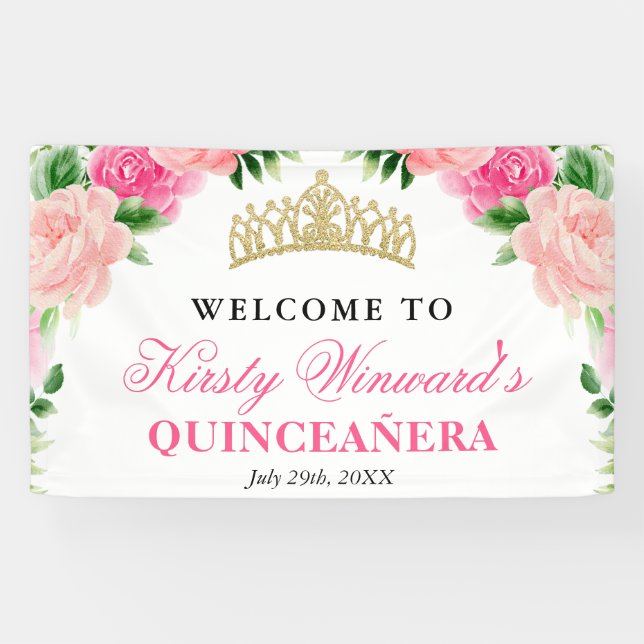 Aquarellfarben Rosen Willkommen Quinceanera Banner (Horizontal)
