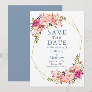 Aquarellfarben Roses Dusty Blue Geo Frame Save The Date
