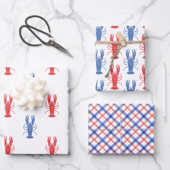 Aquarellfarben Rot & Blau Hummer Geschenkpapier Set (Vorderseite)