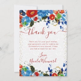 Aquarellfarben Rot und Blüten Quinceanera Dankeskarte