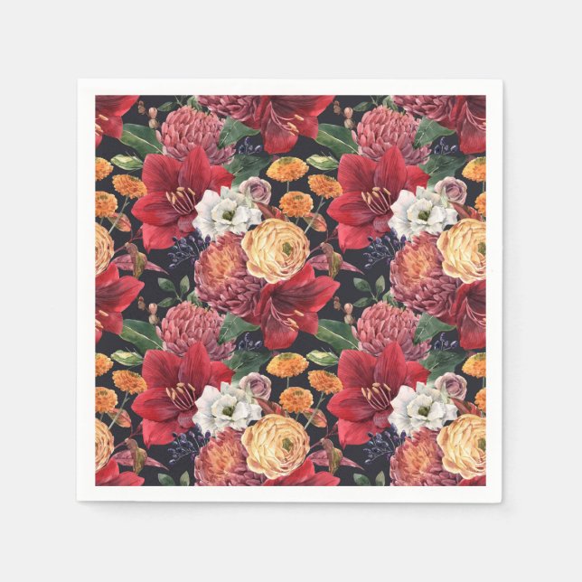 Aquarellfarben Rote Amaryllis und Chrysanthema Flo Serviette (Vorderseite)