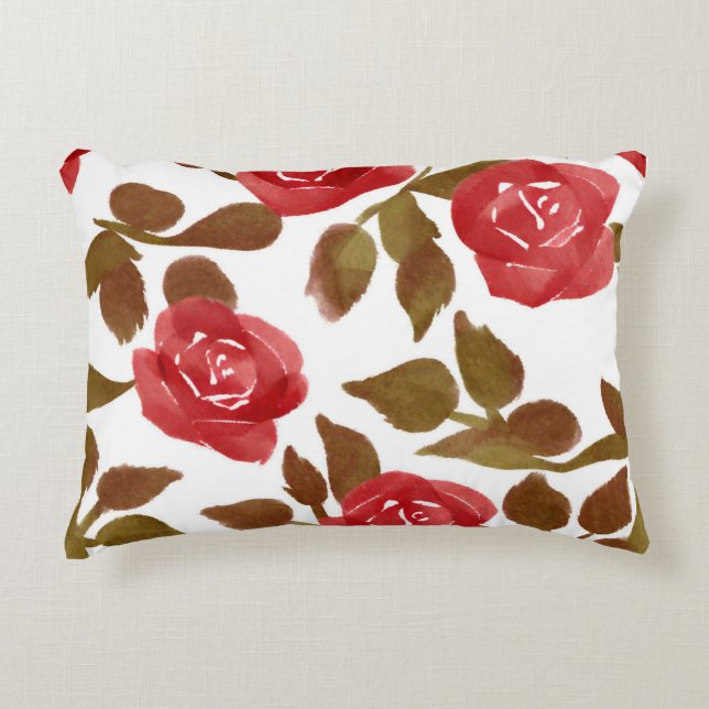 Aquarellfarben Rote Rose Bouquet Accent Pillow Dekokissen (Vorderseite)