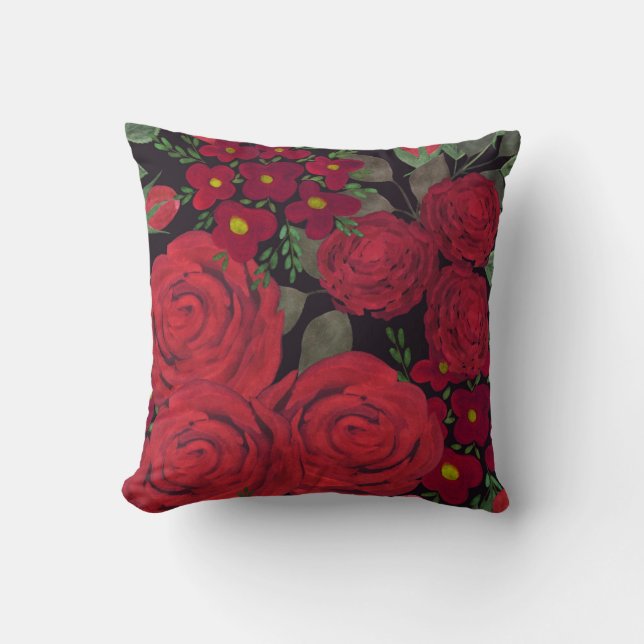 Aquarellfarben-rote Rosen auf schwarz, Kissen (Vorderseite)