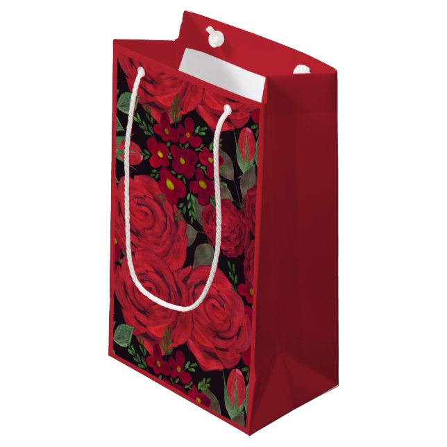 Aquarellfarben-rote Rosen auf schwarz, Kleine Geschenktüte (Vorderseite Schrägansicht)