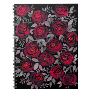 Aquarellfarben, rote Rosen auf schwarz Notizblock