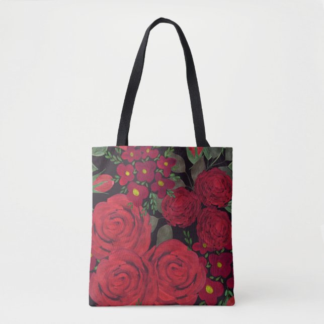 Aquarellfarben-rote Rosen auf schwarz, Tasche (Vorderseite)