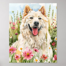 Aquarellfarben Samoyed Portrait mit rosa Blume Poster