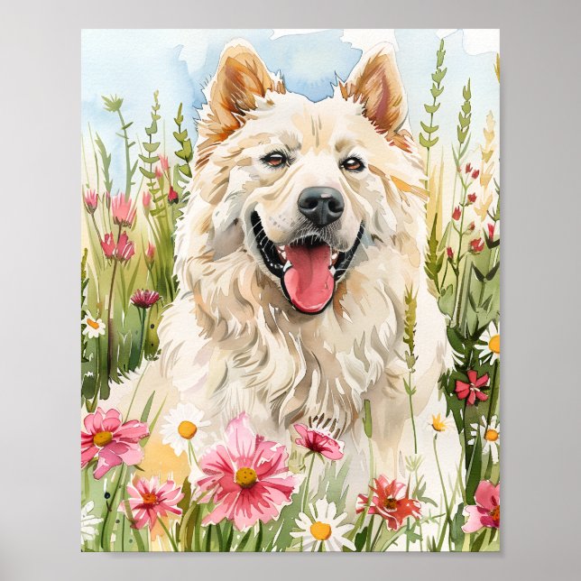 Aquarellfarben Samoyed Portrait mit rosa Blume Poster (Vorne)