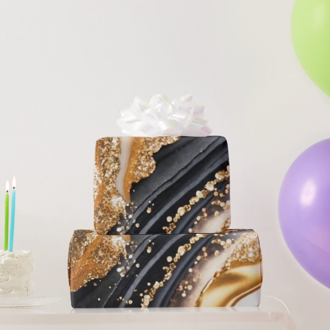 Aquarellfarben Schwarz & Gold Glitzer Agate Alkoho Geschenkpapier (Partygeschenke)